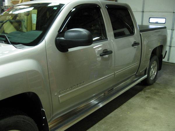 2010 Chevy Silverado Crew Cab with Owens Extruded Aluminum 1 Piece Wheel to Wheel Running Boards and AVS Smoke Rain Guards