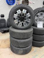 New takeoff 11-25 GMC DENALI 20" CHROME AND BLACK 8 LUG W/ GOODYEAR WRANGLER AT LT275/65/R20 